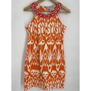 Gretchen Scott Dress Women’s Medium Ikat Yoke Sleeveless Orange Shift Resortwear